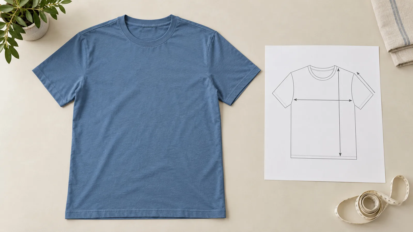 Ensfarvet T-shirt lagt fladt ved siden af en skitse af tøjmål
