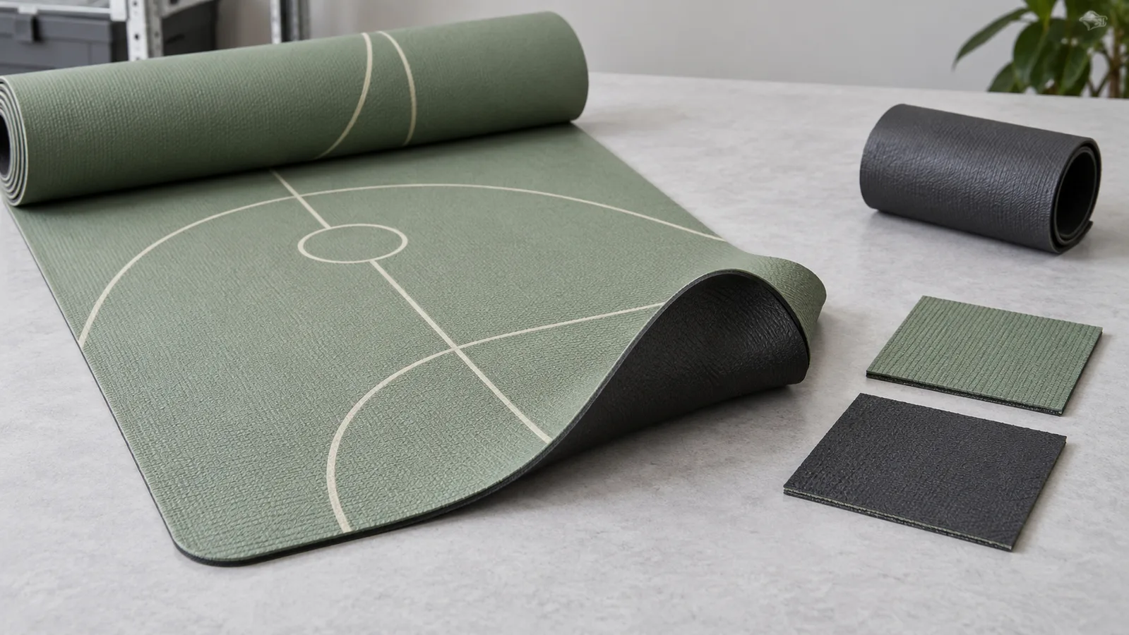 Trykt yogamåtte og separate basismaterialeprøver arrangeret for at illustrere en fremstillingsrute