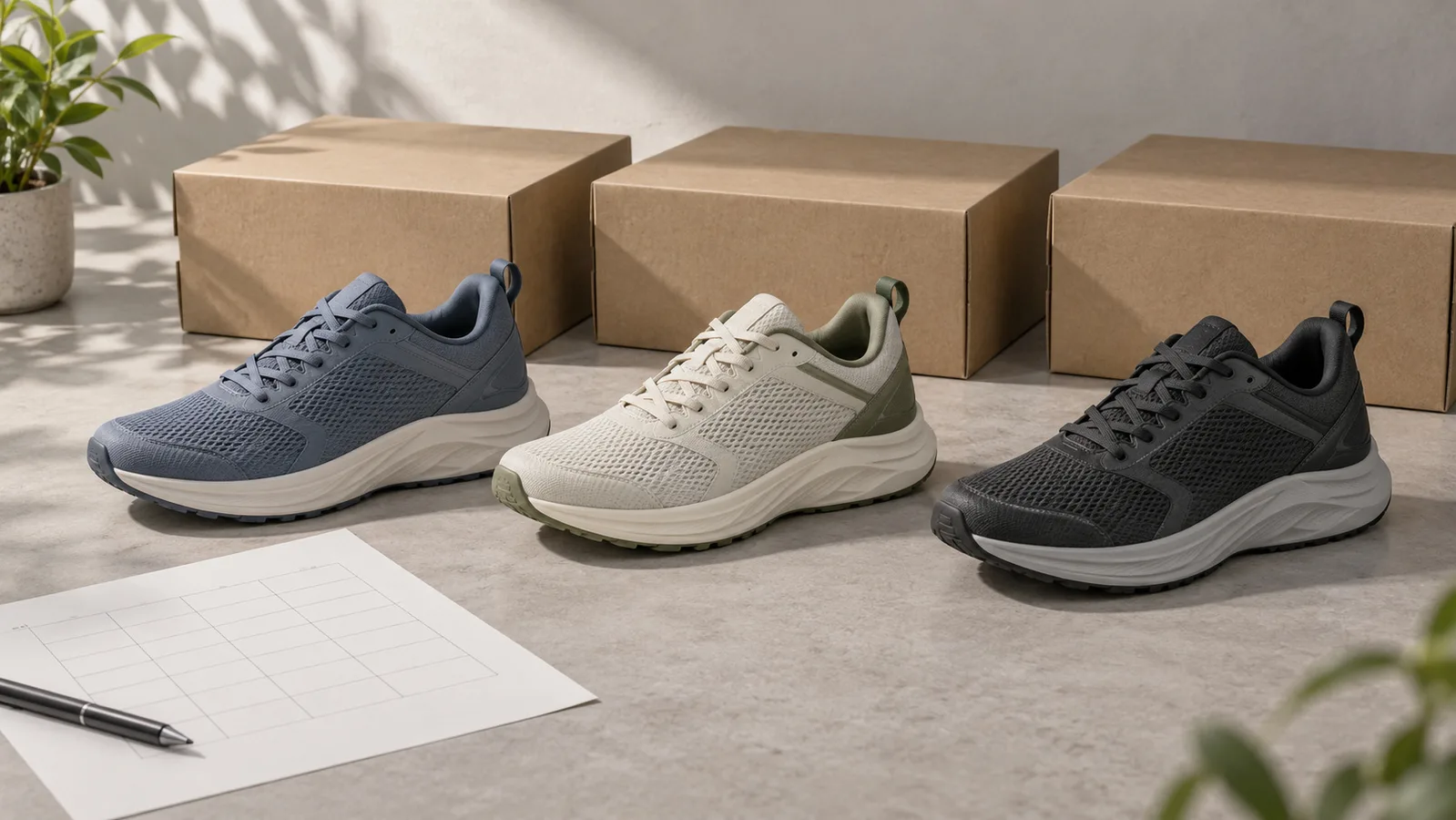 Umærkede løbesko-farveprøver ved siden af almindelige skoæsker