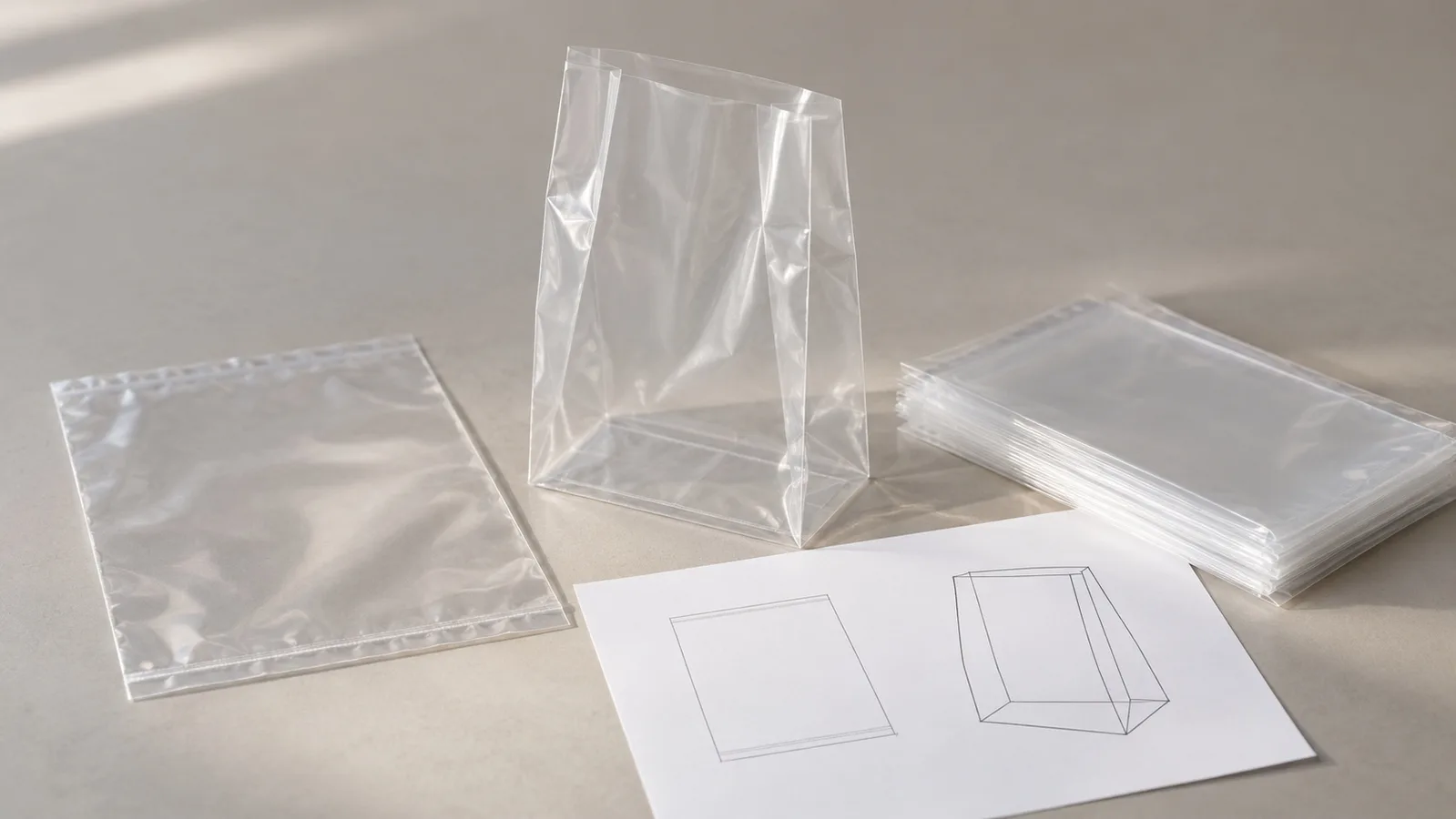 Klar flade og sidefoldede plastikposeprøver ved siden af en simpel formtegning
