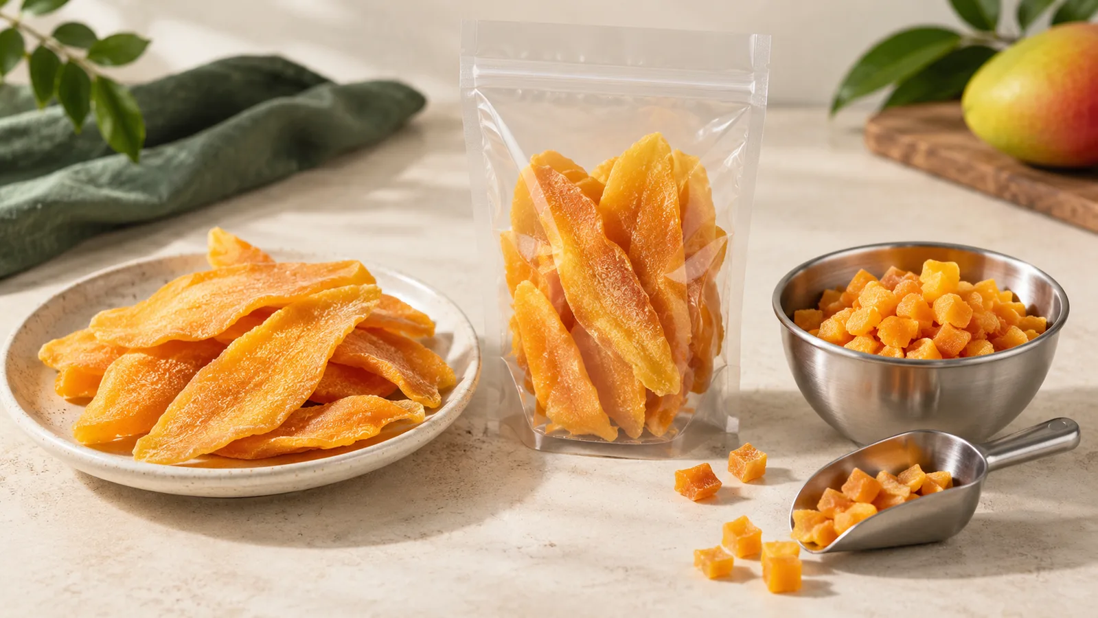Tørrede mangoskiver og mango i tern sammenlignet med to produktspecifikationer