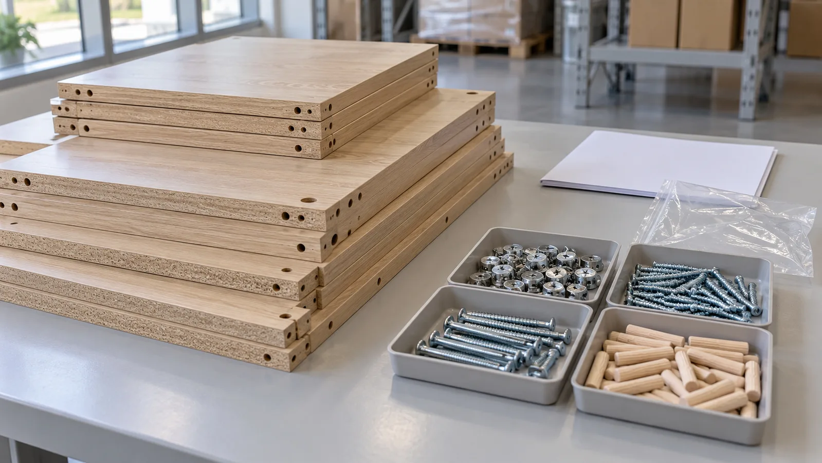 Fladpakkede skabspaneler med sorteret hardware og en almindelig instruktionsmappe på et inspektionsbord
