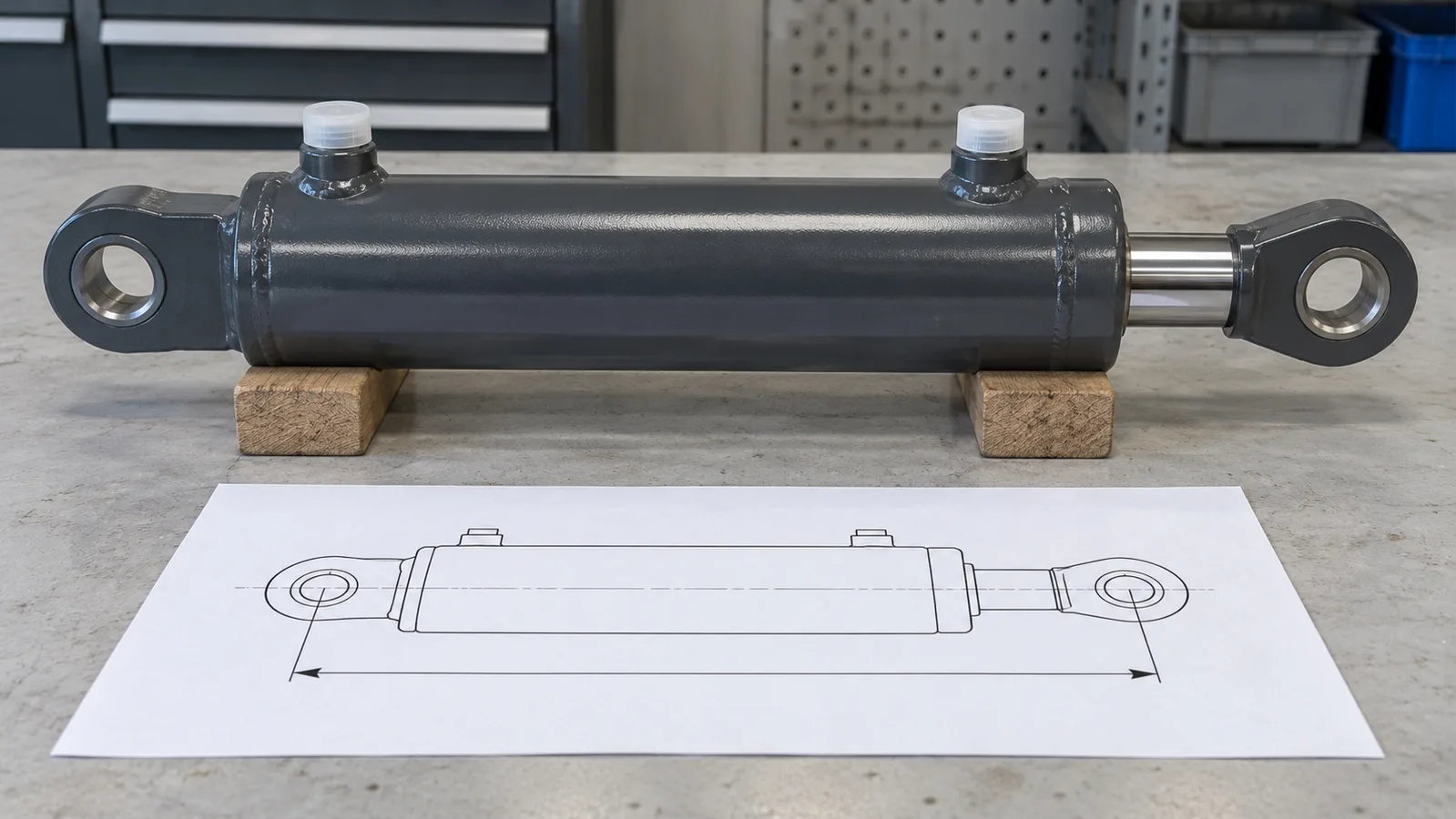 Afmonteret hydraulisk cylinder med beskyttede porte ved siden af en skematisk monteringstegning