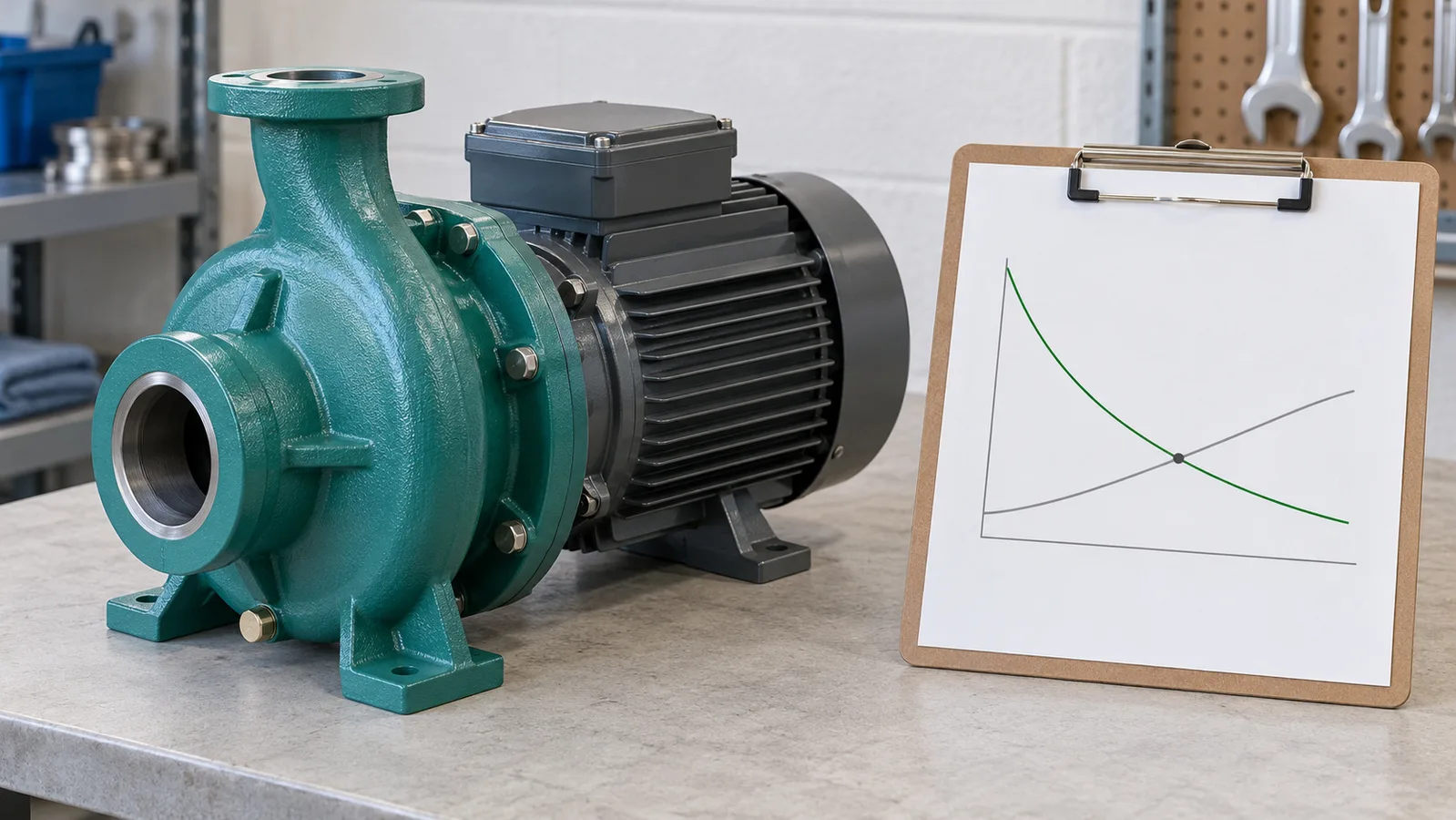 Umærket centrifugalvandpumpe ved siden af en skematisk flow-hovedgraf til illustration