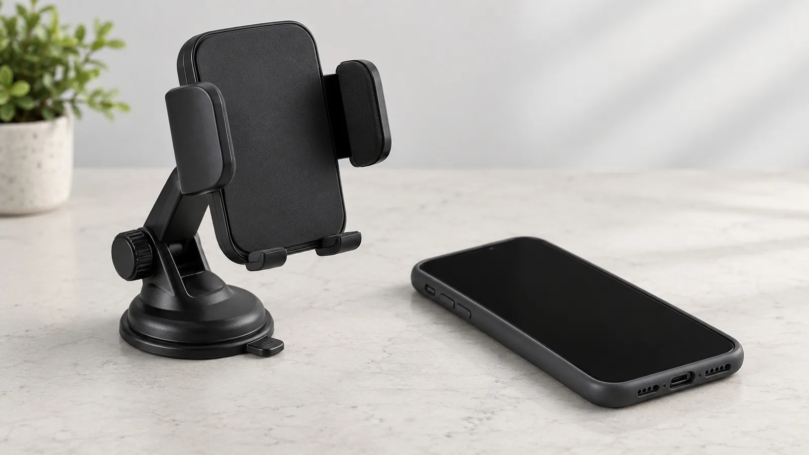 Generisk telefonholder i klemmestil på et neutralt prøveanmeldelsesbord ved siden af en umærket telefon med etui
