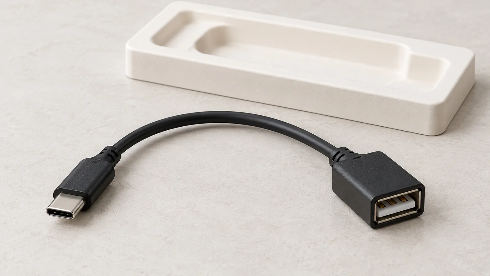Et generisk USB-adapterkabel med begge stik-ender synlige på en neutral inspektionsoverflade
