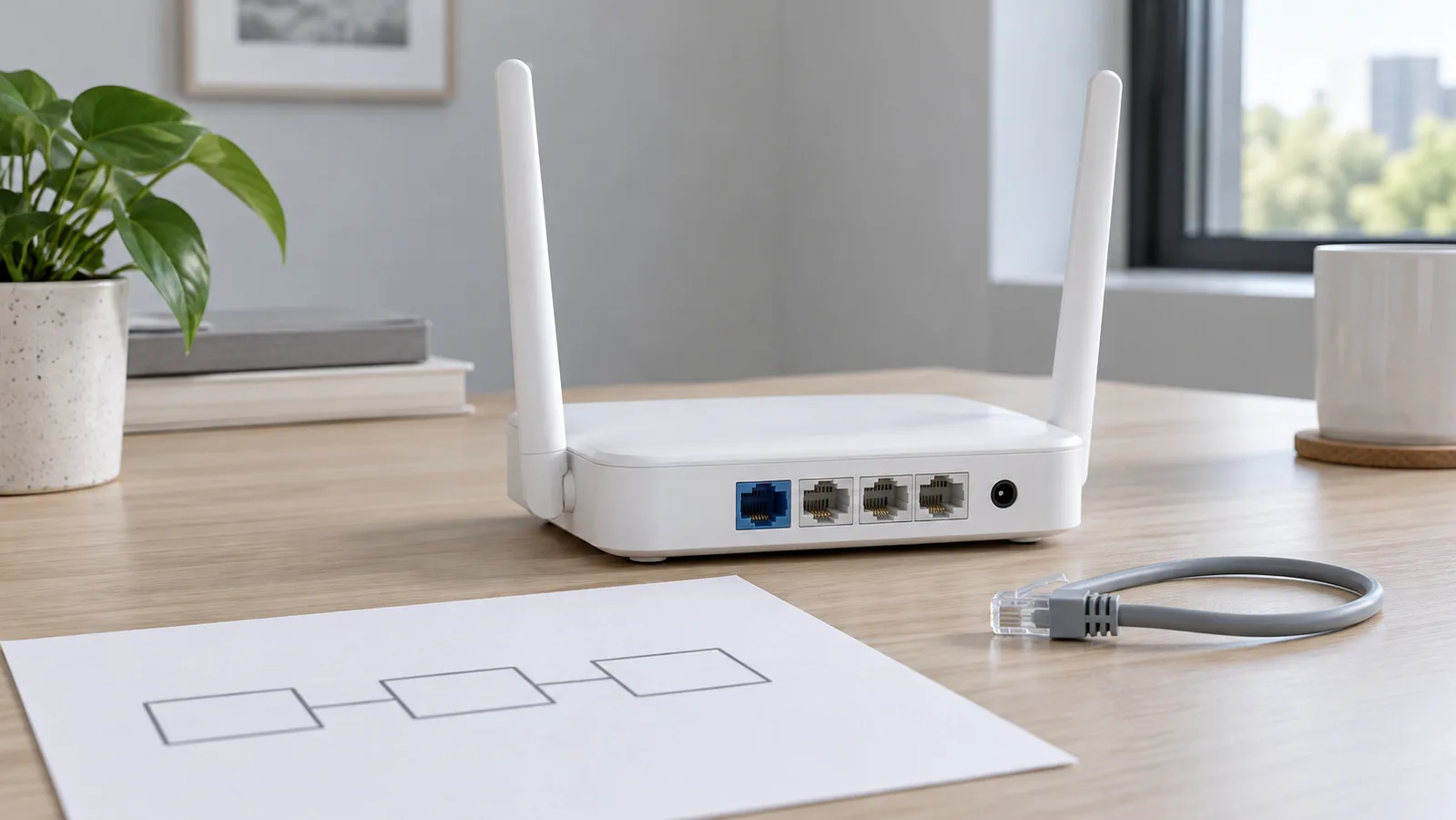Umærket hvid desktop-Wi-Fi-router med synlige Ethernet-porte på bagsiden ved siden af en simpel netværksskitse