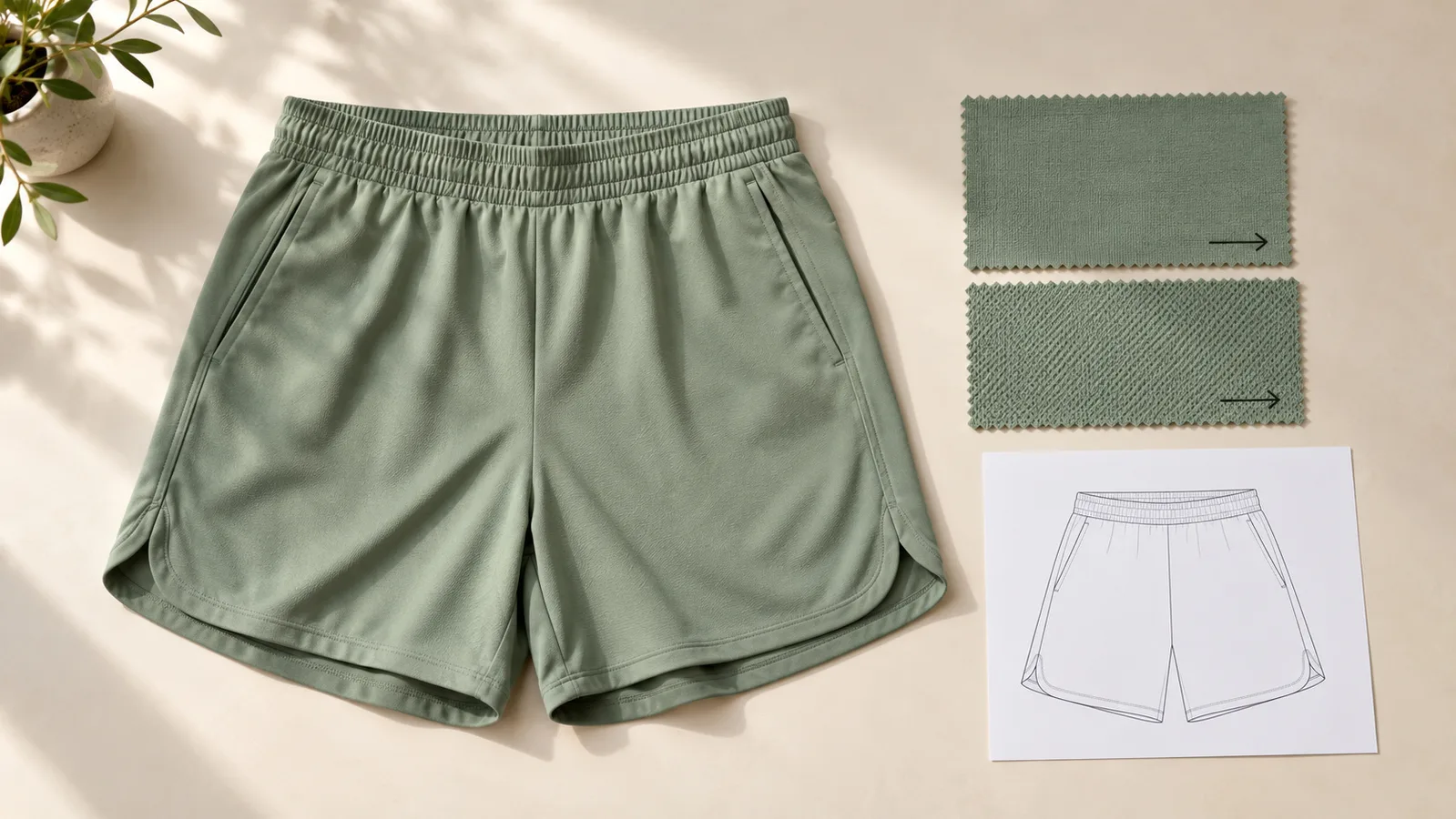 Prøve på Activewear-shorts ved siden af stofprøver med markeret retning og en panelskitse