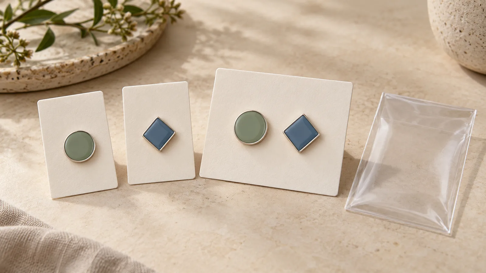 Geometriske emaljemærker monteret på almindelige displaykort ved siden af et sæt med to badge