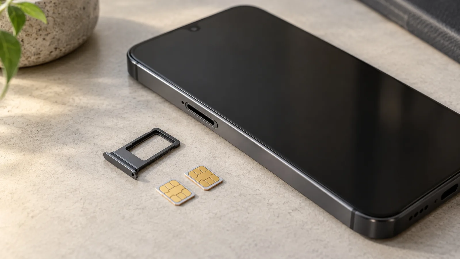 Umærket smartphone ved siden af en separat SIM-bakke og to SIM-kort, der illustrerer fysisk kortunderstøttelse